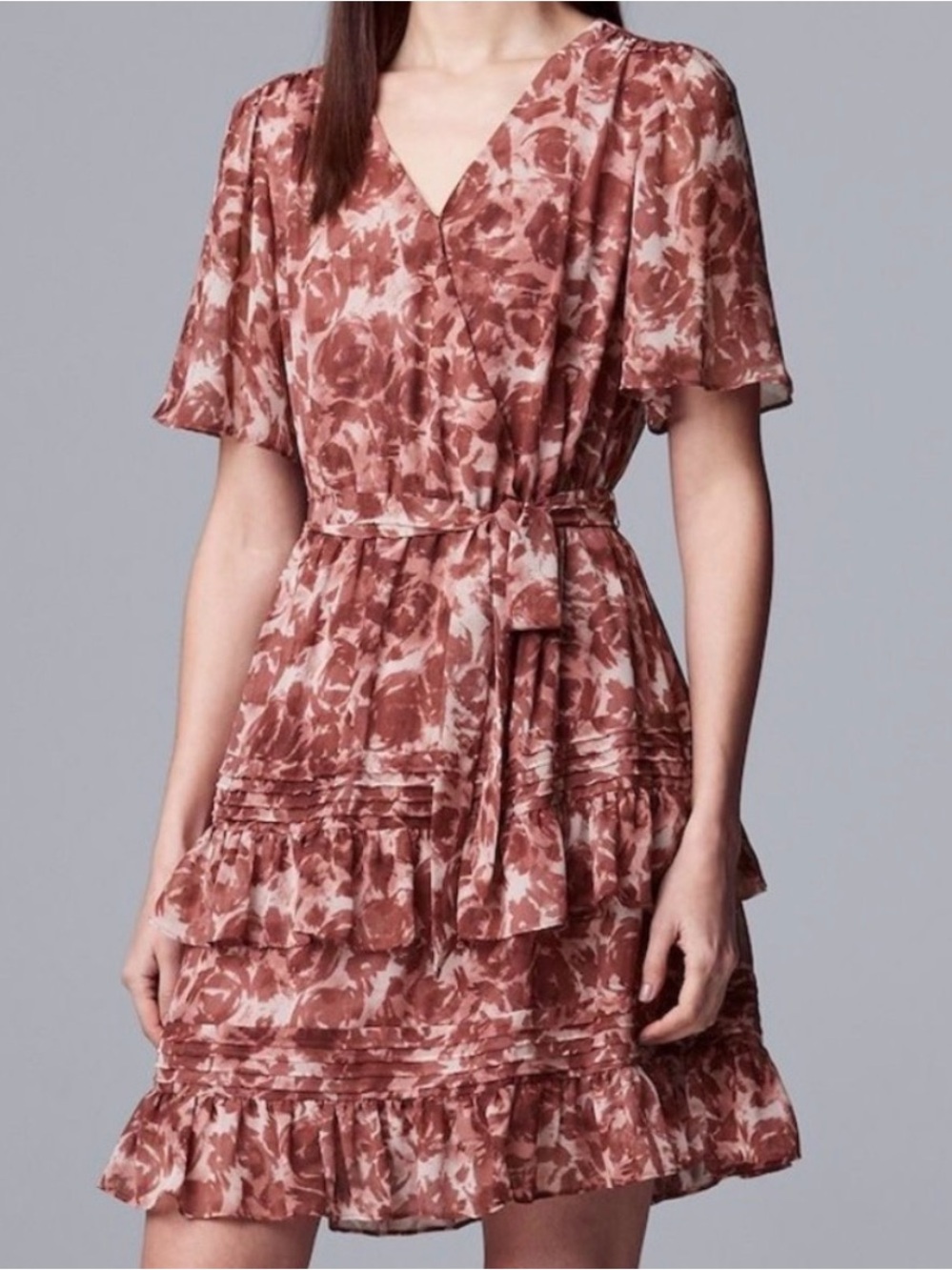 Simply Vera Vera Wang Women's Floral Ruffle V-Neck Dress in Dusty Rose